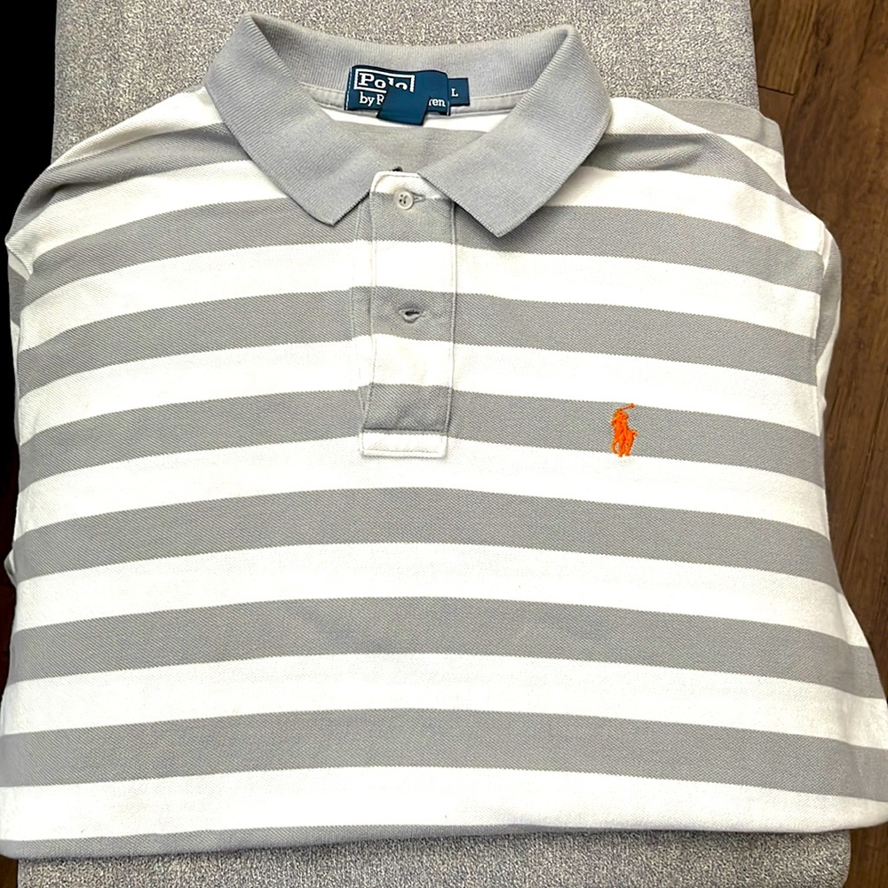 Grey/White/Striped Polo, used, great condition,with orange polo crest, large